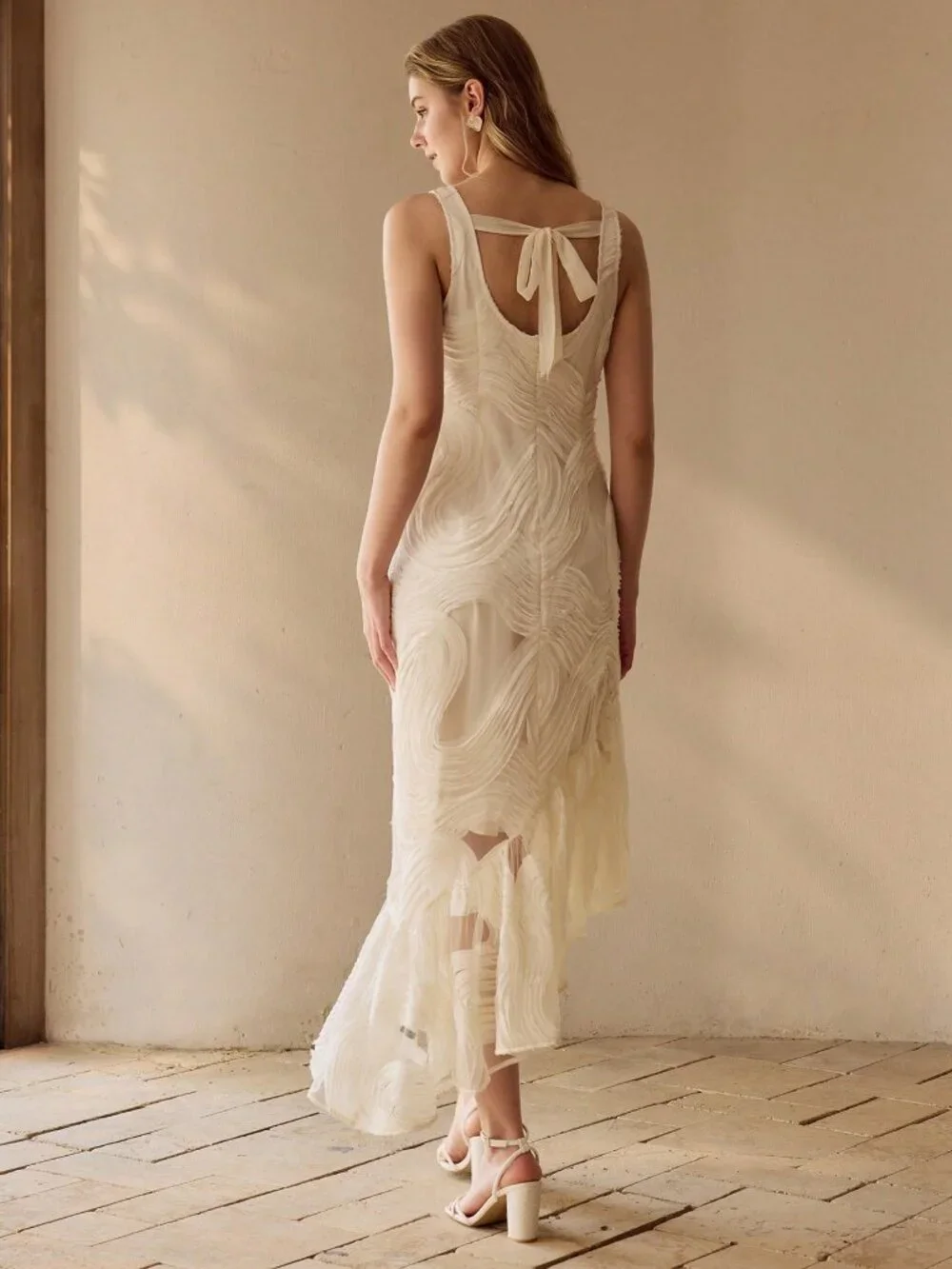 Apricot Elegant Asymmetrical Ruffle Hem Tie-Back Cinched Waist Women's Dress - Picture 7 of 7